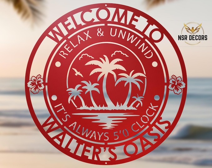 Custom Metal Pool Sign: Welcome to the Patio, Palm Tree Decor