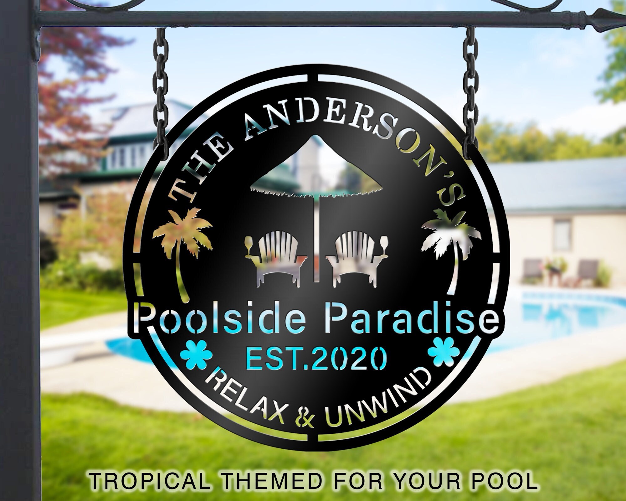 Custom Backyard Pool Sign, Pool Bar Patio Metal Sign, Swimming Pool Entryway Sign, Aloha Palm