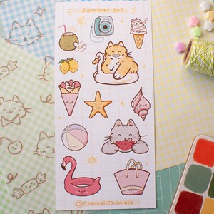 Planche d'autocollant été, Chats et accessoires en autocollants sur le thème de l'été, Imprimer sur papier Mat