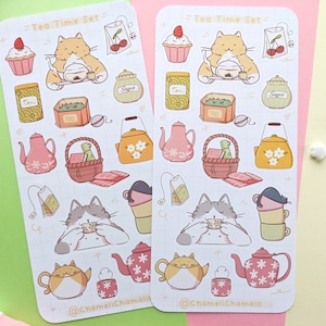 Planche d'autocollant heure du thé, Chats et accessoires pour le thé en autocollants, Stickers imprimés sur papier Mat ou brillant