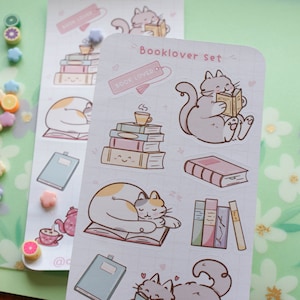 Planche d'autocollant amoureux des livres, Chats et livres en autocollants pour les fans de lectures, Imprimer sur papier Mat ou brillant