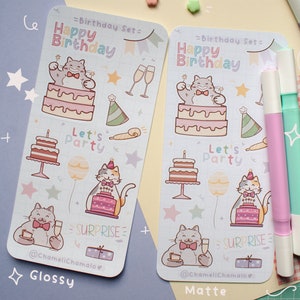 Planche d'autocollant anniversaire, Chats et accessoires sur le thème anniversaire, Stickers imprimés sur papier Mat ou brillant