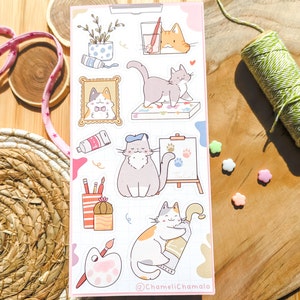 Planche d'autocollant chats artistes, Chats et accessoires de dessins et peinture en autocollants, Imprimé sur papier Mat ou brillant