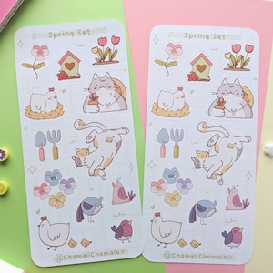 Planche d'autocollant Printemps, Chats, poules et oiseaux en autocollants, Stickers imprimés sur papier Mat ou brillant