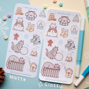 Planche d'autocollant hiver, Chats et accessoires d'hiver en autocollants, Stickers imprimés sur papier Mat ou brillant
