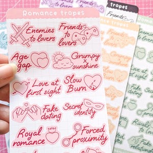 Planche d'autocollant Romance Tropes, autocollants pour journal de lecture, Cadeau BookLover, Imprimé sur papier Mat
