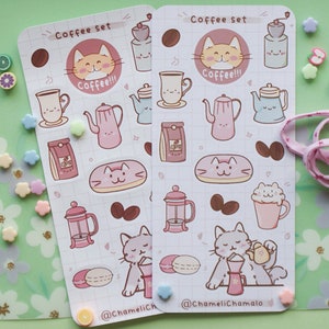 Planche d'autocollant café, Chats et accessoires pour le café en autocollants, Imprimé sur papier Mat ou brillant