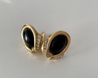 Vintage black oval & rhinestone clip on earrings