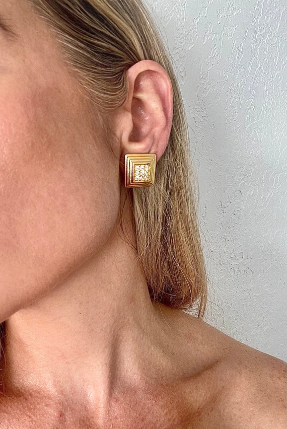 Vintage square rhinestone clip on earrings - image 2