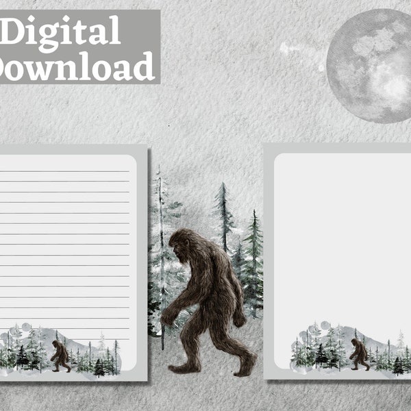 Big FOOT Printable Stationery Paper Set, US Letter Size, jpg & pdf, Instant Digital Download, Bigfoot Writing Paper