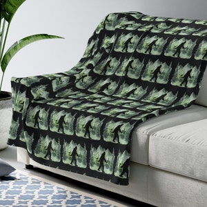 Bigfoot Plush Blanket: Foggy Forest Design, Black Background