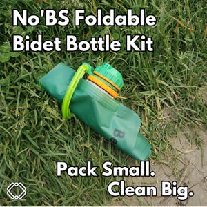 May include: A green foldable bidet bottle kit with a green handle and orange accents, resting on grass. The text "No'BS Foldable Bidet Bottle Kit" and "Pack Small. Clean Big." are visible.