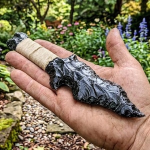 Black Obsidian Spearhead Athame, Hand Knapped Wiccan Altar Tool, Hand Carved Crystal Knife