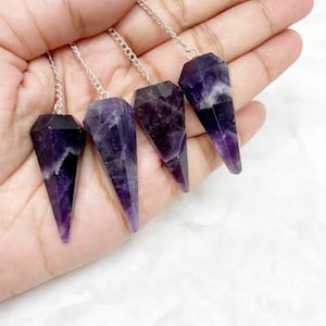 Amethyst Crystal Pendulum | Amethyst Raw Pendulum With Silver Plated Chain | Healing Dowsing Energy Balancing | Faceted Crystal