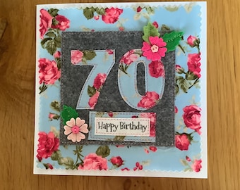 Handmade 70th Birthday Card - Personalised Option - Fabric card