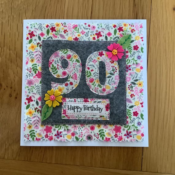 Handmade 90th Birthday Card – Floral Appliqué, Fabric Card, Personalised Option
