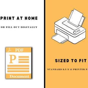K&ouml;nnte beinhalten: Ein druckbares PDF-Dokument mit dem Text "ZU HAUSE DRUCKEN ODER DIGITAL AUSF&Uuml;LLEN" und "PDF-Dokument" mit einem Drucker-Symbol daneben. Der Text "GR&Ouml;SSE ANGEPASST AN STANDARD-DRUCKERPAPIER 8,5 X 11" ist ebenfalls enthalten.