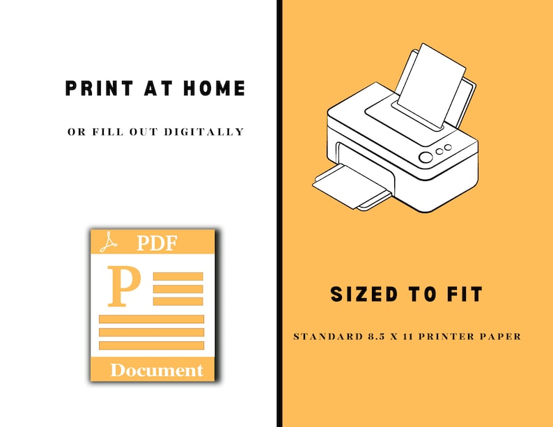 K&ouml;nnte beinhalten: Ein druckbares PDF-Dokument mit dem Text "ZU HAUSE DRUCKEN ODER DIGITAL AUSF&Uuml;LLEN" und "PDF-Dokument" mit einem Drucker-Symbol daneben. Der Text "GR&Ouml;SSE ANGEPASST AN STANDARD-DRUCKERPAPIER 8,5 X 11" ist ebenfalls enthalten.