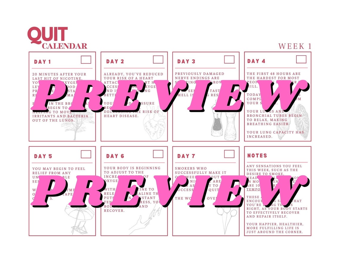Quit Nicotine Calendar Printable Benefits Tracker 1 Week Etsy