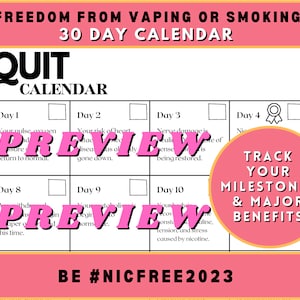 Quit Nicotine 30-day Calendar, Benefits Tracker
