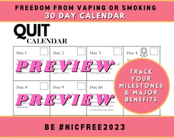 Quit Nicotine 30-day Calendar, Benefits Tracker