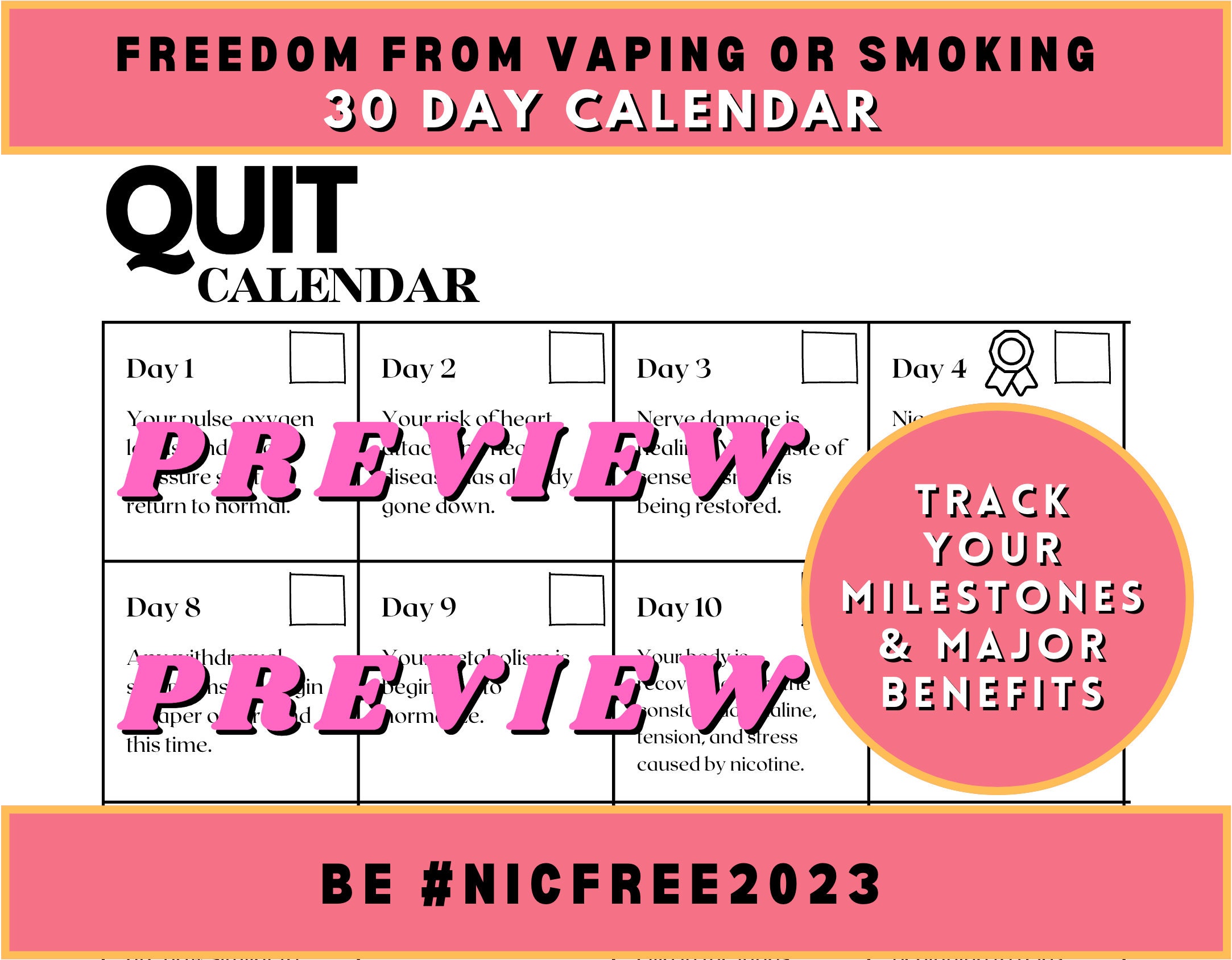 quit tobacco calendar Quit Nicotine 30-day Calendar, Benefits Tracker