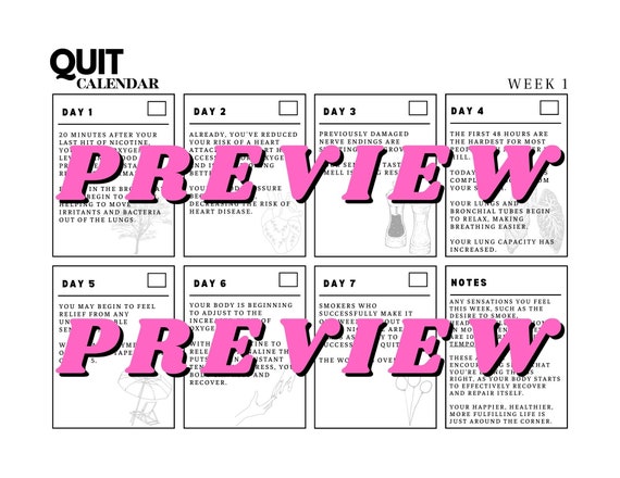 Quit Nicotine Calendar Printable - Benefits Tracker (1 Week)