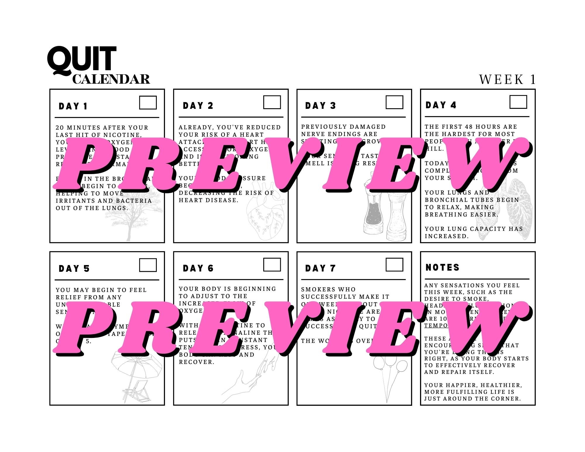 Quit Nicotine Calendar Printable Benefits Tracker 1 Week Etsy