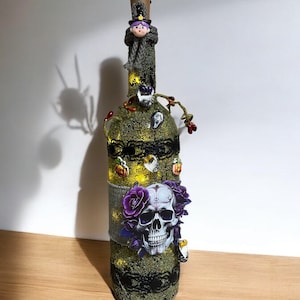 Gothic  lighted wine bottle featuring creepy characters, Gothic/halloween  bottle art, scary lit decorated wine bottles, Etsy