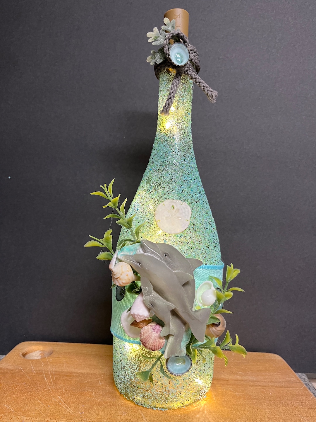 Blue Notical Decorative Lighted Wine Bottle, Coastal Dolphin Wine