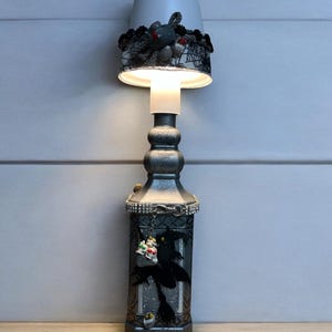 Gothic/halloween led  lamp wine bottle featuring creepy characters, black Halloween  bottle art, scary lit decorated wine bottles, Etsy