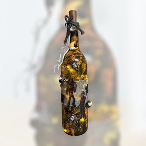 Gothic/Halloween  lighted wine bottle featuring creepy characters, Halloween  bottle art, scary lit decorated wine bottles, Etsy