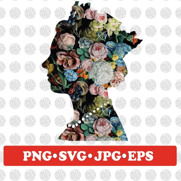 Floral Queen Elizabet Svg, Vintage Queen Elizabeth II Svg, Personal Use Svg- Png- Jpg, Homage Svg, Memorial Use Svg, Digital Easy to Cut