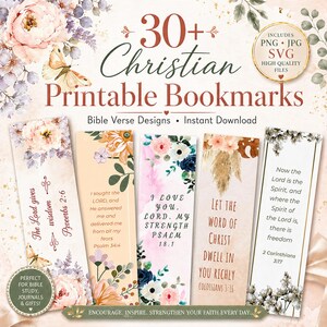 Puede incluir: Más de 30 marcadores cristianos imprimibles con diseños de versículos bíblicos. Los marcadores presentan ilustraciones florales y botánicas con citas y escrituras inspiradoras. Incluye archivos PNG, JPG y SVG de alta calidad.