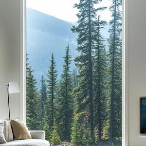 Op de afbeelding: Een groot raam omlijst een schilderachtig uitzicht op een weelderig bos en verre bergen. Hoge, groene naaldbomen domineren het landschap, met een zachte, nevelige sfeer. Het interieur toont een neutraal gekleurde bank en een moderne vloerlamp.