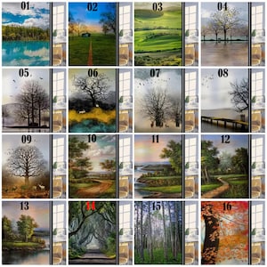 Película de vitral colorida de tamaño personalizado, esmerilada, estática, con diseño de paisaje y árbol, para baño, oficina, decoración del hogar