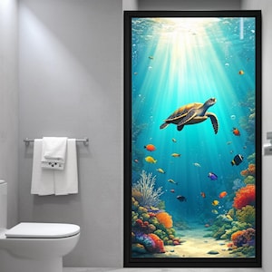 May include: A decorative door panel featuring an underwater scene with a sea turtle, colorful fish, and coral. The artwork is set against a backdrop of blue water and sunlight, creating a vibrant and immersive aquatic environment.