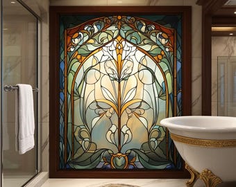 Customized Art Nouveau Symmetrical Stained Glass Privacy Window Film Intricate Teal Yellow Floral Scrollwork Pattern for Bathroom Decor