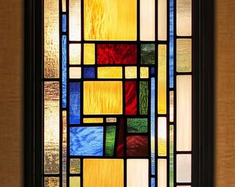Película de privacidad para vitrales geométricos modernos, personalizada, con diseño rectangular abstracto inspirado en Wright, estática para puertas y ventanas.