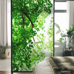 Custom Size Green Branch Pattern Frosted Privacy Glass Window Film Anti UV Window Stickers Non-Glue Self-Adhesive Sliding Glass Door Film