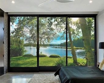 Customized Scenic Mountain Lake Window Privacy Film – Frosted Static Cling Sun Blocking Decorative Film for Doors and Windows