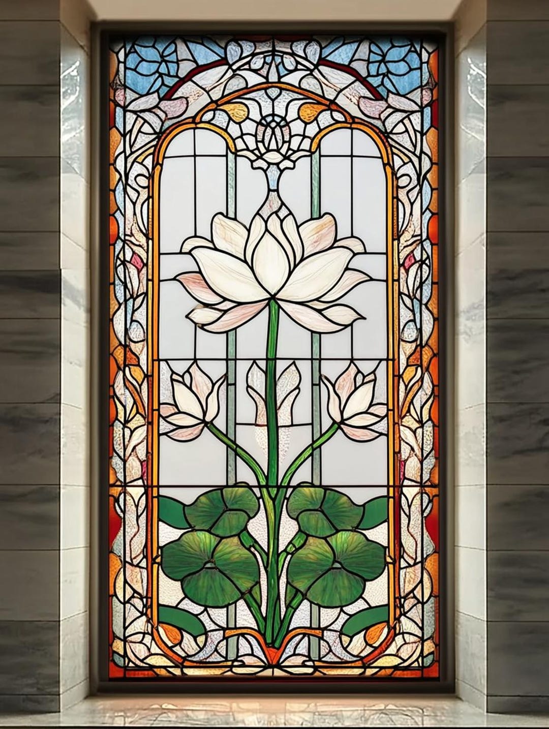 Customized Classic White Lotus Flower Stained Glass Window Cling Ornate ...