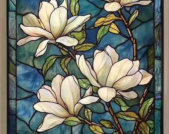 Película para ventanas con diseño de vitral de magnolias blancas elegantes y personalizadas: Adhesión estática floral para privacidad y luz suave en salas de estar.