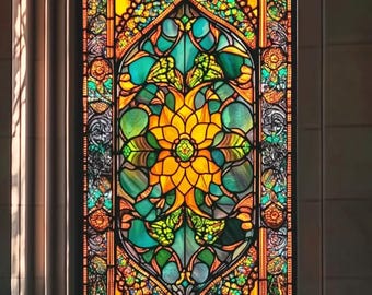 Película para ventanas con diseño de vitral personalizado, vibrante diseño floral mandala con detalles amarillos y verdes. Película de privacidad electrostática sin adhesivo.