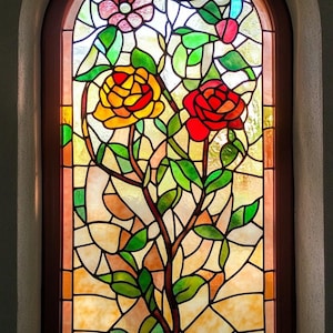 Customized Vintage Rose Stained Glass Window Film Elegant Floral Privacy Window Cling Decorative Non-Adhesive Window Cover for Home