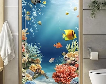 Película decorativa esmerilada con diseño de arrecife de coral oceánico para ventanas de baño, que ofrece privacidad y protección contra la humedad.