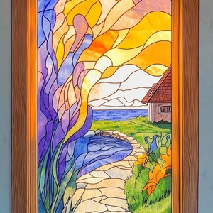 May include: A stained glass window depicting a colorful landscape with a house, flowers, a path, and a body of water. The sky is a vibrant yellow and orange, with purple flowers in the foreground.