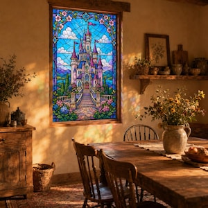 May include: A stained glass window panel depicting a multi-towered castle with pink and blue hues, surrounded by floral arches and a blue sky with white clouds. The intricate glass design features a stone pathway leading to the castle entrance.