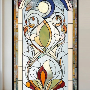 May include: A stained glass window with a colourful, abstract design featuring a central motif of a stylised flower with a blue crescent moon above it. The window is framed in black.