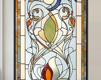 Panel de vidrio esmerilado personalizado de inspiración Art Nouveau, lámina decorativa de vidrieras hecha a mano para transformaciones únicas de ventanas y privacidad.